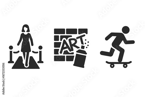 Urban culture icons solid filled vector set of urban fashion events, runway models, graffiti art, skateboarding sport, street style lifestyle illustration transparent