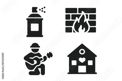 Urban culture icons solid filled vector set including graffiti spray can, mural wall flames, street musician with guitar, cozy community center with heart symbol, transparent background