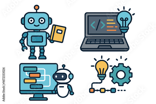 Educational technology icon set. Robot, AI, coding, innovation symbols. E-learning, programming, automation concept. STEM education vector. Chatbot, idea, process workflow.