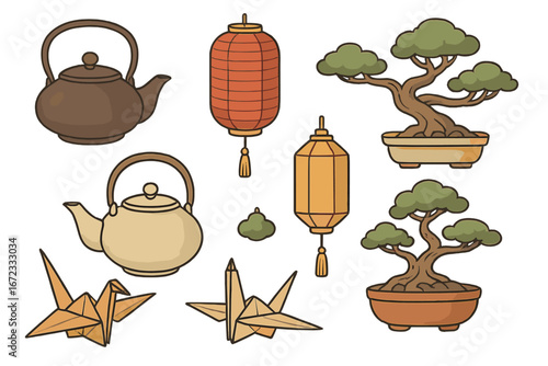 Set of traditional Asian cultural elements. Japanese and Chinese symbols collection. Vector icons of teapot, lantern, bonsai tree, and origami paper crane for decoration.