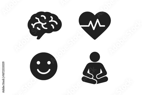 Mental wellness icon set. Solid glyph icons for psychology and mental health. Brain, mind, heart rate, happy emoji, and meditation pose. Vector graphic for mindfulness and wellbeing.