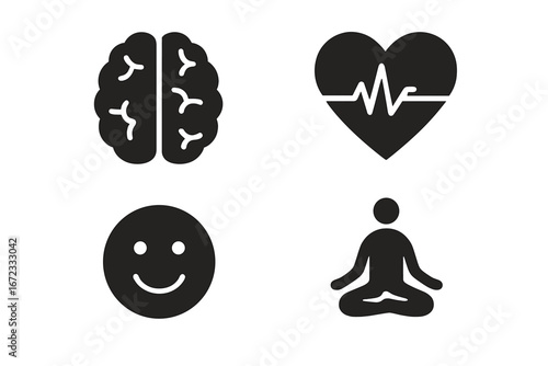 Mental wellness solid icon set. Psychology, health, and emotion concept. Brain, heart beat, meditation and happy face symbols. Mindfulness, balance and mental health vector pack.