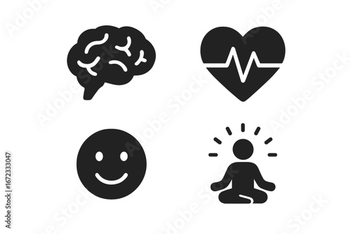 Mental wellness icon set. Solid glyphs for psychology and health concepts. Brain, heartbeat, happy face, and mindfulness meditation symbols. Vector for emotional wellbeing.