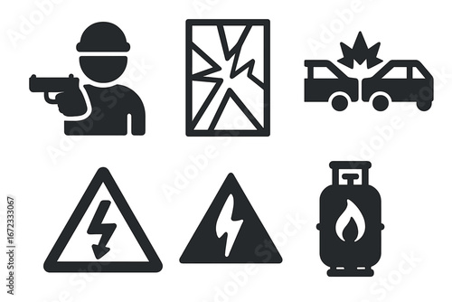 Urban Danger Icons Solid Filled Vector Set Featuring Armed Robbery, Broken Glass, Traffic Accident, Electrical Hazards, Gas Cylinder Fire Safety Warning Symbols
