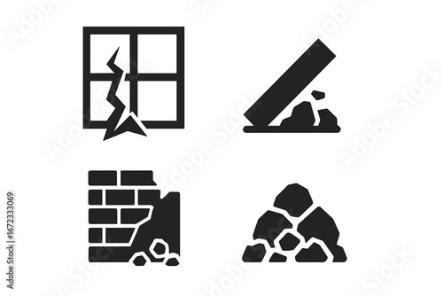 Urban Disaster Icons Set, Solid Filled Vector Illustrations of Debris, Broken Glass, Fallen Beam, Collapsed Wall, Rubble Pile, Construction Damage, Rescue and Emergency Elements