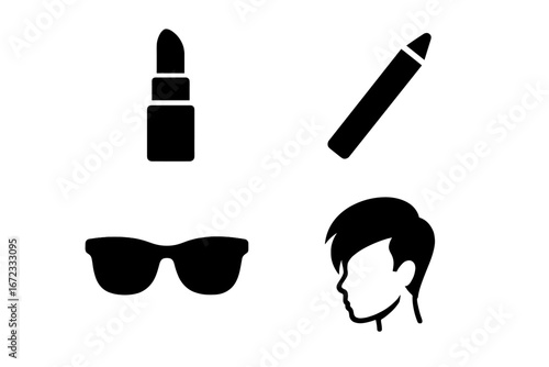 Urban Fashion Icons Solid Filled Vector Set of Bold Lipstick Eyeliner Sunglasses and Trendy Hairstyle Urban Style Cosmetics and Grooming Accessories Illustration