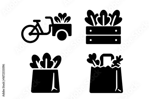 Urban farming icons set, solid filled vector graphics of city agriculture transport bike with cart, fresh greens crate, brown paper grocery bag, eco-friendly delivery and harvest symbols