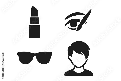Urban fashion icons set, solid filled vector illustrations of bold lipstick, eyeliner eye makeup, stylish sunglasses, fashionable hairstyle silhouette for grooming and beauty trends