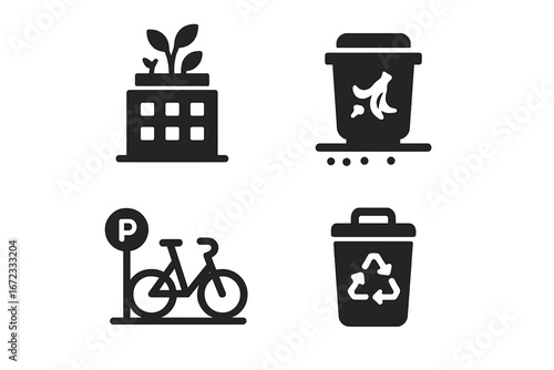 Urban sustainability icons set, solid filled vector symbols including rooftop garden, compost bin, bike share parking, recycling bin for eco-friendly city living and green environment