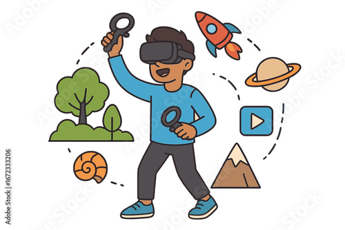 Boy in VR headset explores immersive worlds. Virtual reality technology for gaming, education. Interactive experience in metaverse. Vector cartoon illustration concept character.