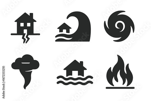 Natural disaster icon set. Solid glyph vector illustrations. Symbols for earthquake, tsunami, hurricane, tornado, flood, wildfire. Weather catastrophe and emergency alert signs.