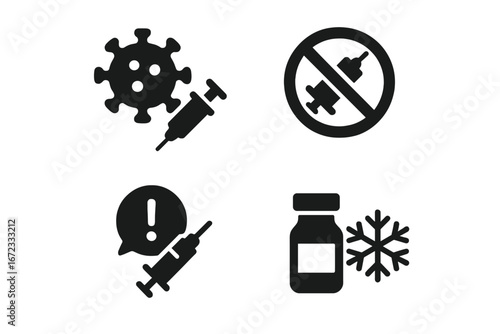 Vaccination Challenges Icons Set, Solid Filled Vector Illustrations of Virus, Vaccine Refusal Sign, Misinformation Alert, and Cold Chain Storage Symbol on Transparent Background