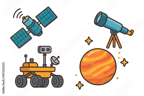Space exploration icon set with satellite, rover, telescope, and planet. Vector cartoon illustration for astronomy, science, and technology themes. Isolated elements.
