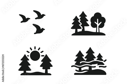 Nature icon set glyphs. Forest morning awakening symbols. Sunrise over trees, flying birds flock, woods clearing, and foggy mist. Outdoor park landscape solid vector icons.