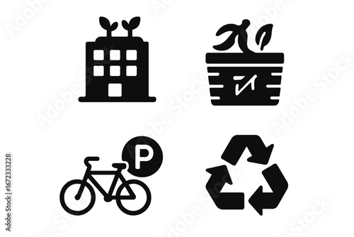 Urban sustainability icons set with rooftop garden, compost station, bike share parking, and recycling symbol for eco-friendly city living and green environment vector