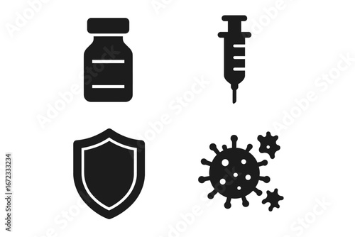 Solid Vaccination Icon Set - Filled Vector Illustrations of Vaccine Vial, Syringe, Shield for Immunity, Immune Cells, Virus Protection, Health and Medical Concepts