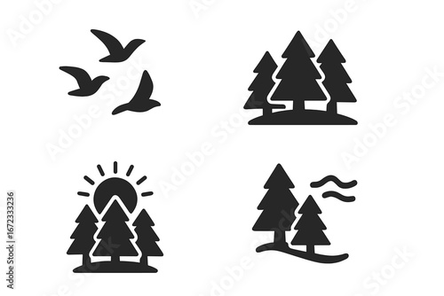 Nature icon set. Forest, pine tree, flying birds, sunrise over trees, and morning mist solid glyph icons. Outdoor, park, wilderness, and environment vector silhouettes.