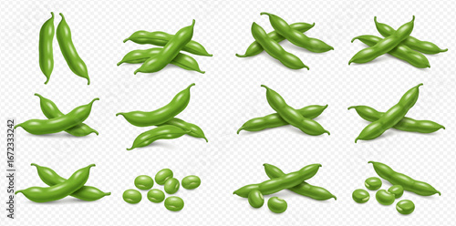 Collection of fresh green beans and peas, various arrangements, isolated on white background.