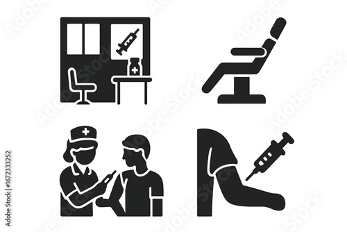Solid vaccination icon set with clinic room, medical chair, nurse assisting patient, and arm injection vector illustration on transparent background