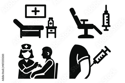 Solid Black Vaccination Icon Set, Medical Clinic Environment with Hospital Bed, Nurse Administering Injection to Patient Arm, Medical Chair and Syringe Vector Illustration