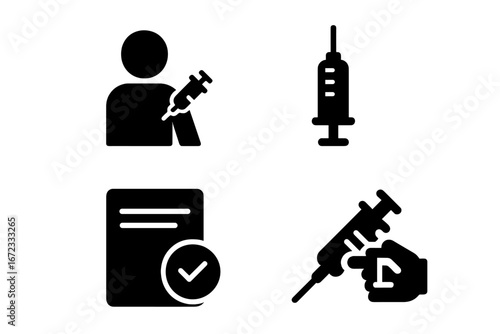 Vaccination Icons Set, Solid Filled 4-piece Vector Collection of Vaccine Administration, Patient Arm Injection, Syringe Plunger, Vaccination Record, Medical Immunization Symbols