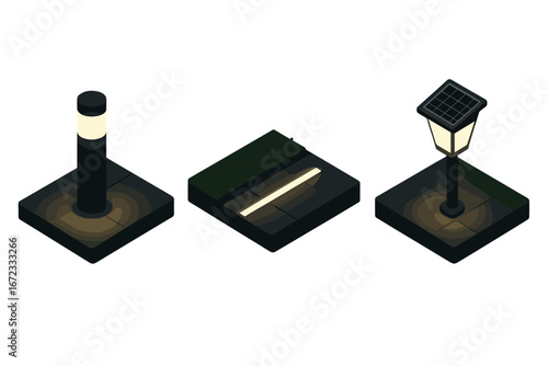 Night illumination icon set. Isometric vector illustration of outdoor sidewalk and garden lights. Bollard lamp, embedded LED strip light and street lantern with solar panel.