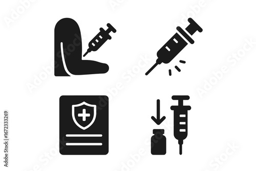 Vaccination icon set, solid filled vector illustrations of vaccine administration, patient arm injection with syringe, syringe plunger, and vaccination record, transparent background