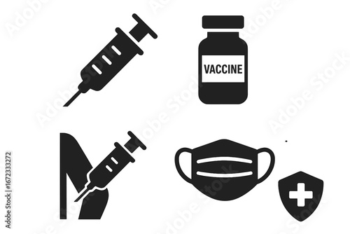 Vaccination Icons Set Solid Filled Medical Syringe Injection Vaccine Vial Protective Face Mask Health Shield Vector Illustration Transparent Background