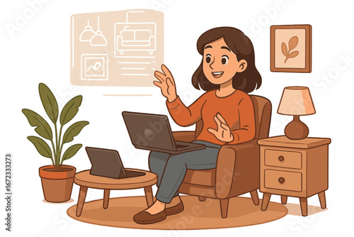 Woman using laptop for virtual interior design. Character planning home renovation with augmented reality. Online furniture shopping concept from cozy living room. Vector cartoon.