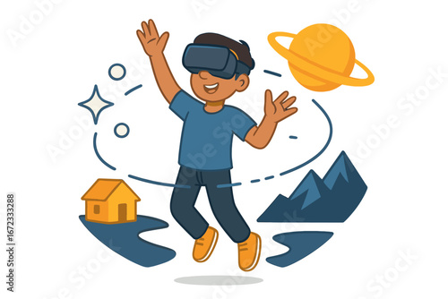 Boy with VR glasses exploring the metaverse. Virtual reality technology for gaming and education. Kid in an immersive digital world with planets, home, and mountains. Vector.