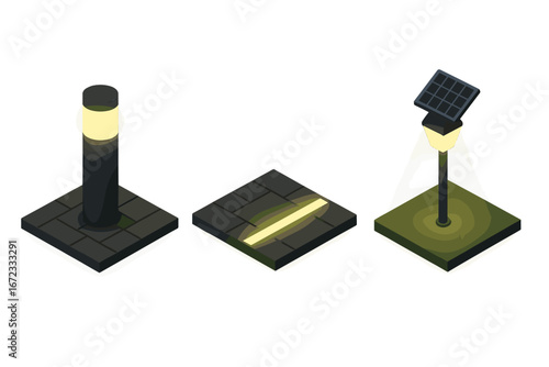 Isometric outdoor lighting icon set. Vector collection of sidewalk, park and garden illumination elements. Bollard light, embedded LED strip and solar powered street lamp.