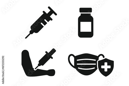 Vaccination icons set with syringe, vaccine vial, injection in arm, protective medical mask with health shield, solid filled vector illustration for healthcare and immunization concept