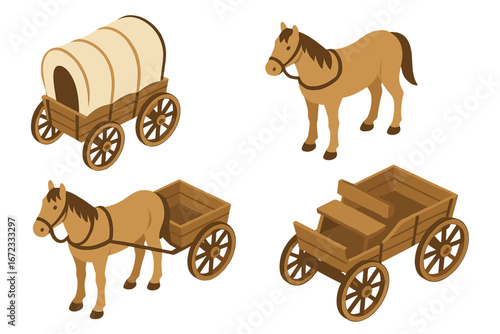 Old West transportation icon set with isometric horse, covered wagon, and wooden cart. Vector illustration of pioneer and frontier elements for wild west themes and history.