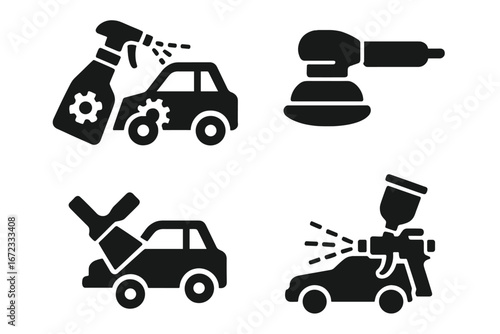 Vehicle Restoration Icons Solid Filled Set with Rust Remover Spray, Electric Sanding Machine, Car Body Filler Application, Primer Spray Gun Vector Illustration Transparent Background
