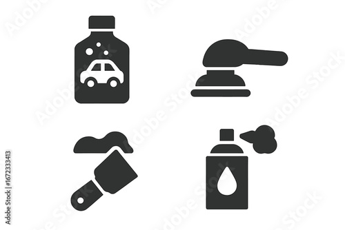 Vehicle and Auto Restoration Solid Icon Set, Filled Vector Symbols of Car Rust Remover, Electric Sander, Body Filler Application, Primer Spray for Auto Repair and Maintenance