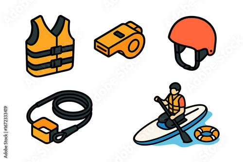 Paddleboard safety equipment icon set. Isometric vector illustration of life jacket, whistle, helmet, leash, and rescue gear for stand-up paddleboarding water sports.