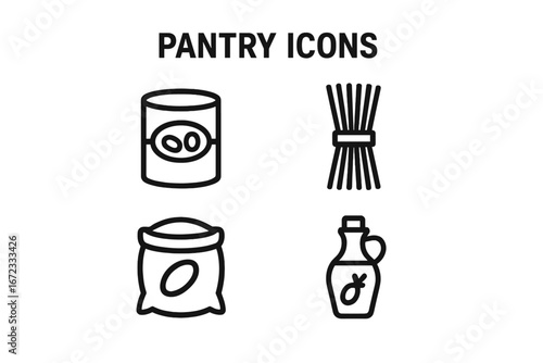 Pantry staples line icon set. Food storage symbols. Canned beans, pasta, rice sack, olive oil. Outline grocery vector illustration for cooking, kitchen, and inventory.
