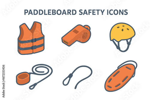 Paddleboard safety icons isometric set. Stand up paddle gear. SUP water sport equipment. Life jacket, whistle, helmet, leash, rescue buoy. Vector flat design element infographic.