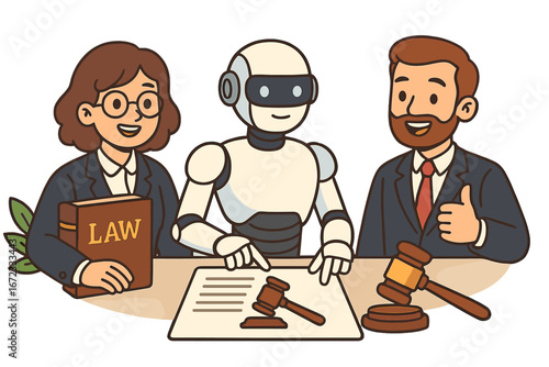AI in law concept. Robot and lawyers collaboration. Legal technology and automation. Artificial intelligence in the justice system. Future of law, legal advice and consulting.