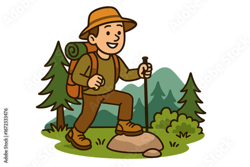 Man hiking in mountains. Hiker with backpack and stick. Outdoor adventure and trekking concept. Young tourist character exploring nature. Summer camping vacation journey vector.