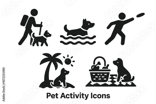 Pet activity icon set. Solid vector glyphs of outdoor fun with dog. Hiking, swimming, playing frisbee, beach vacation, picnic with pet. Animal leisure concept pictogram.