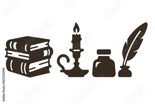 Vintage bookshelf icons solid filled vector set of antique book stack candle holder ink bottle quill pen writing tools classic literature symbols
