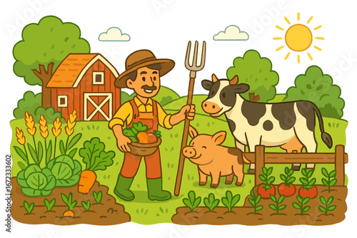 Happy farmer with harvest on sustainable agricultural farm. Man with cow, pig, and crops in countryside setting. Organic food and rural lifestyle vector cartoon illustration.