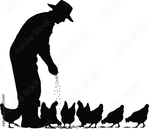 Farmer feeding chickens poultry livestock agriculture rural farm animal care feed grain