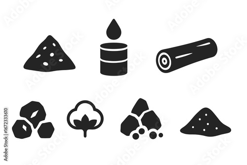 Solid filled vector icons of raw materials including iron ore, crude oil barrel, timber log, coal, cotton boll, bauxite mineral, sand pile, and natural resources symbol set for industrial design