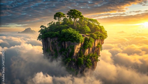 Fantasy floating island with lush green trees above clouds in magical sunrise landscape
