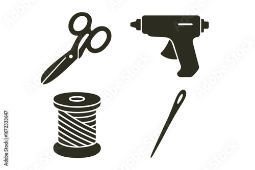 Vintage Sewing Tools Icons Solid Filled Set with Fabric Scissors Glue Gun Thread Spool Needle Vector Illustration Transparent