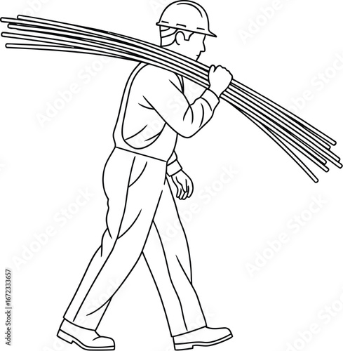 Construction worker carrying metal rods steel bars building industry labor job
