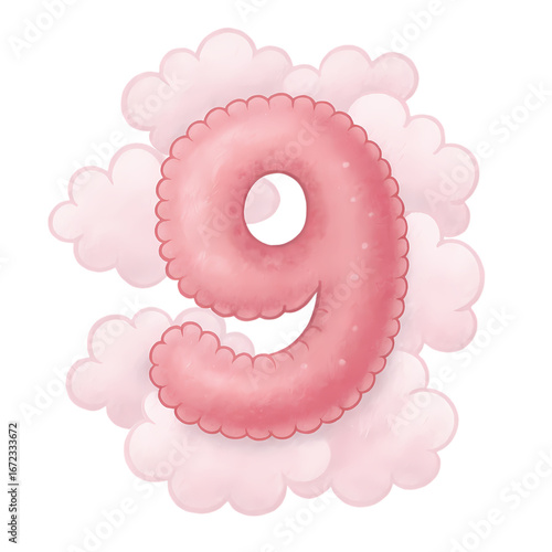 Pink Number Nine Balloon in Fluffy Clouds: Perfect for Birthday, Anniversary, or Celebration Designs isolated on transparent background