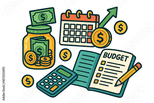 Financial planning and money management concept. Vector illustration of budgeting tools, saving money in a jar, and investment growth. Personal finance and accounting icons.